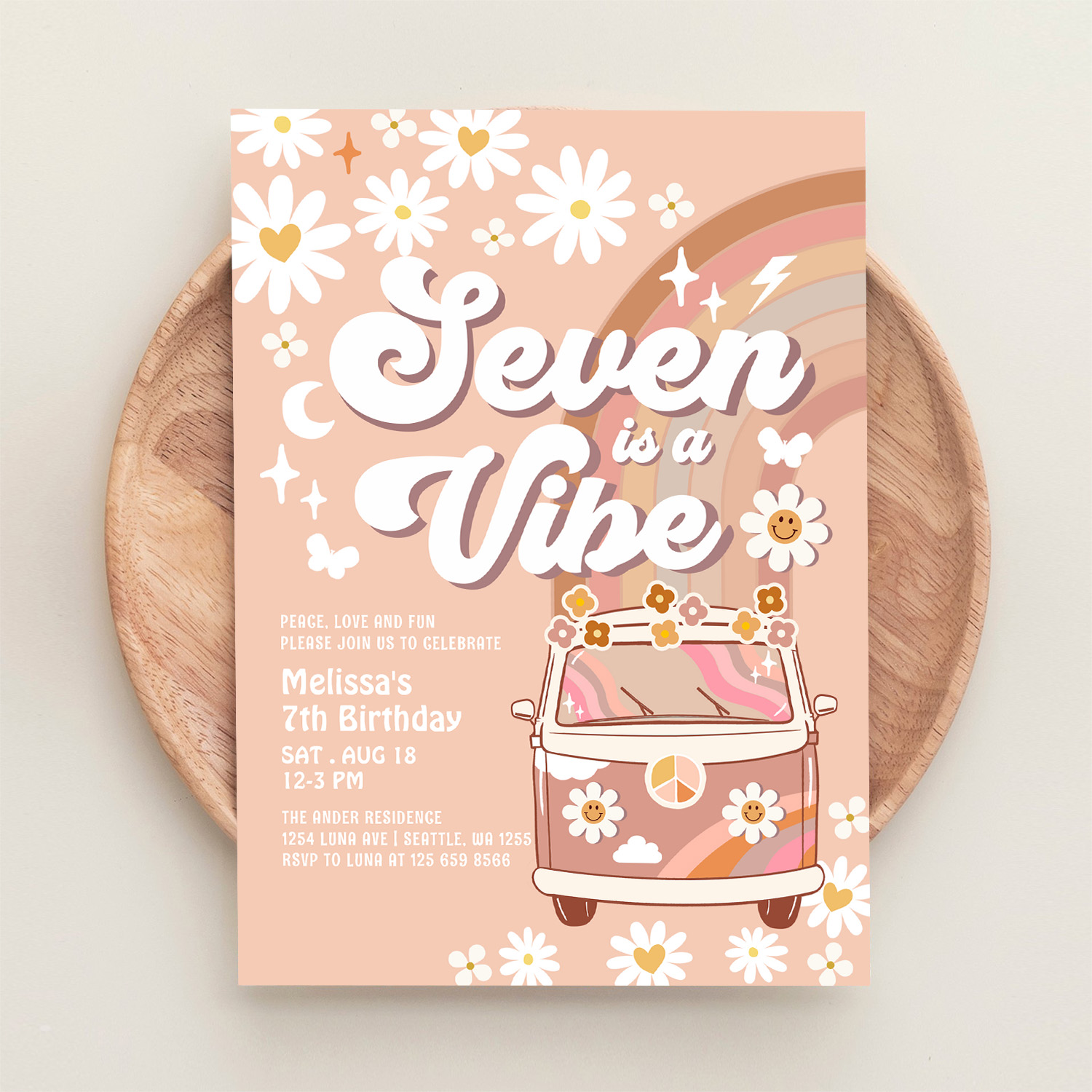 Seven Is A Vibe Daisy Beige Cream Rainbow Birthday Invitation - Image 7