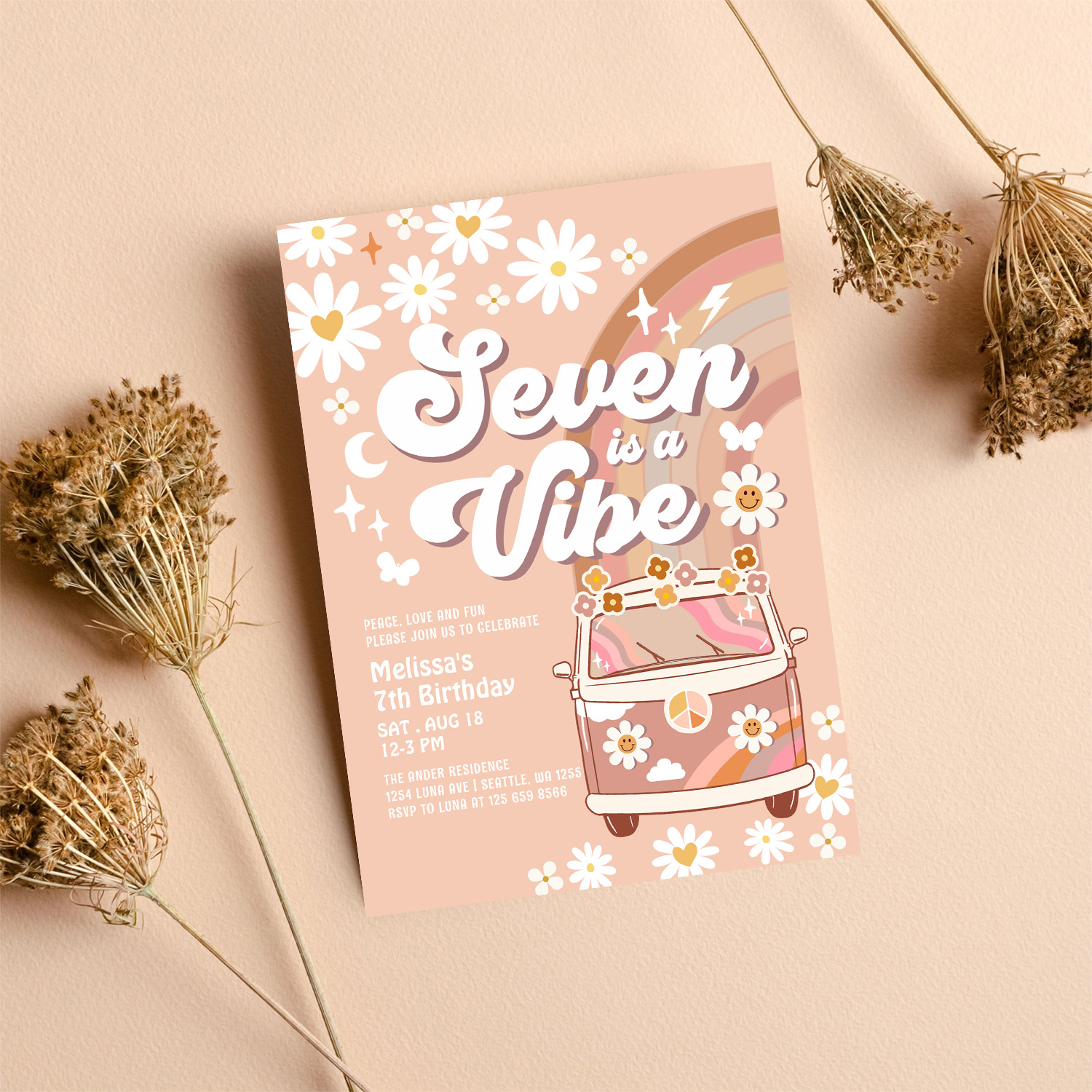 Seven Is A Vibe Daisy Beige Cream Rainbow Birthday Invitation - Image 8