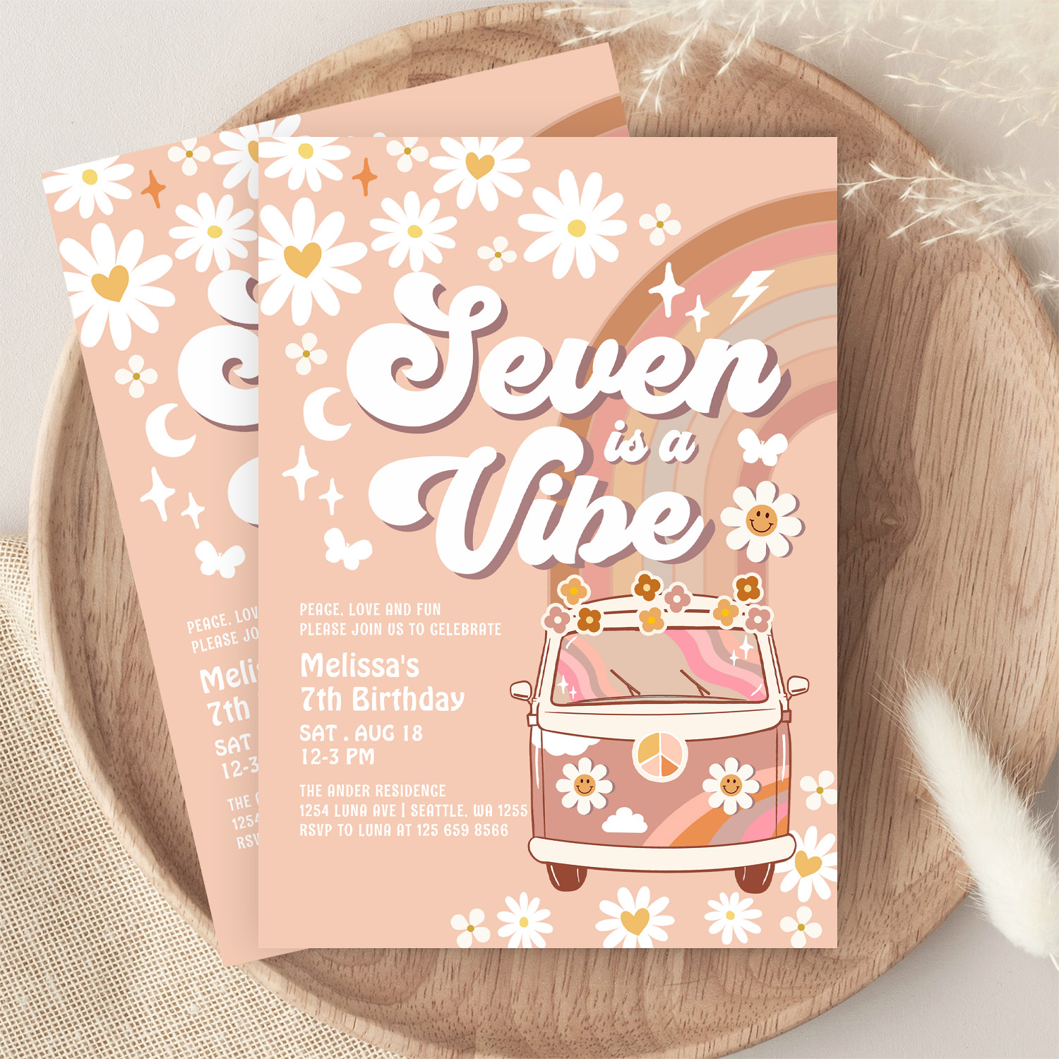 Seven Is A Vibe Daisy Beige Cream Rainbow Birthday Invitation - Image 9