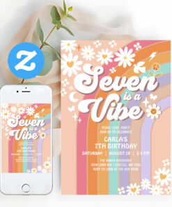 Seven Is A Vibe Daisy Rainbow Hippie 7th Birthday Invitation