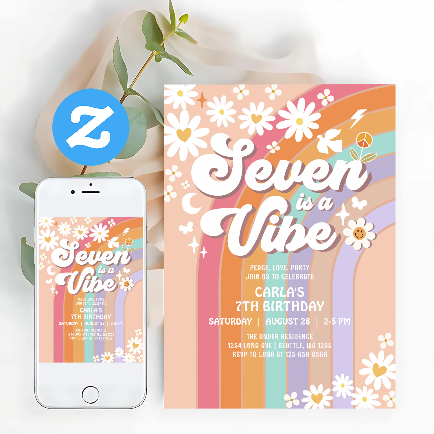 Seven Is A Vibe Daisy Rainbow Hippie 7th Birthday Invitation