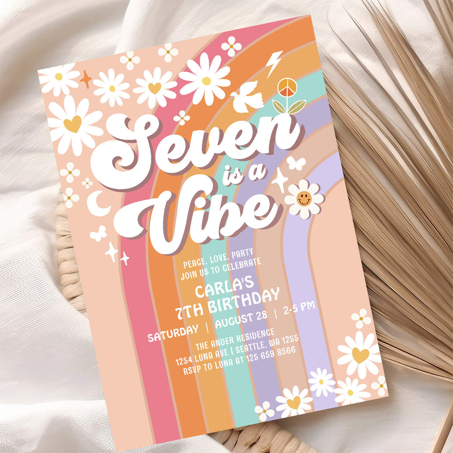 Seven Is A Vibe Daisy Rainbow Hippie 7th Birthday Invitation - Image 10