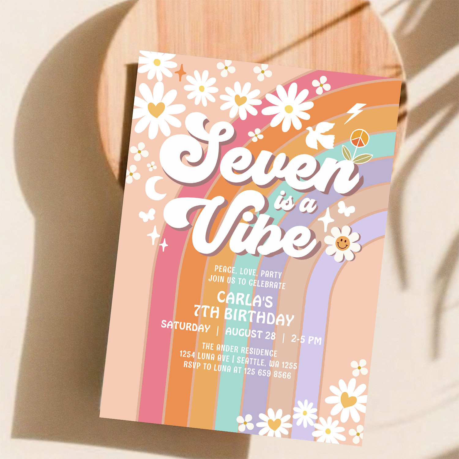 Seven Is A Vibe Daisy Rainbow Hippie 7th Birthday Invitation - Image 11