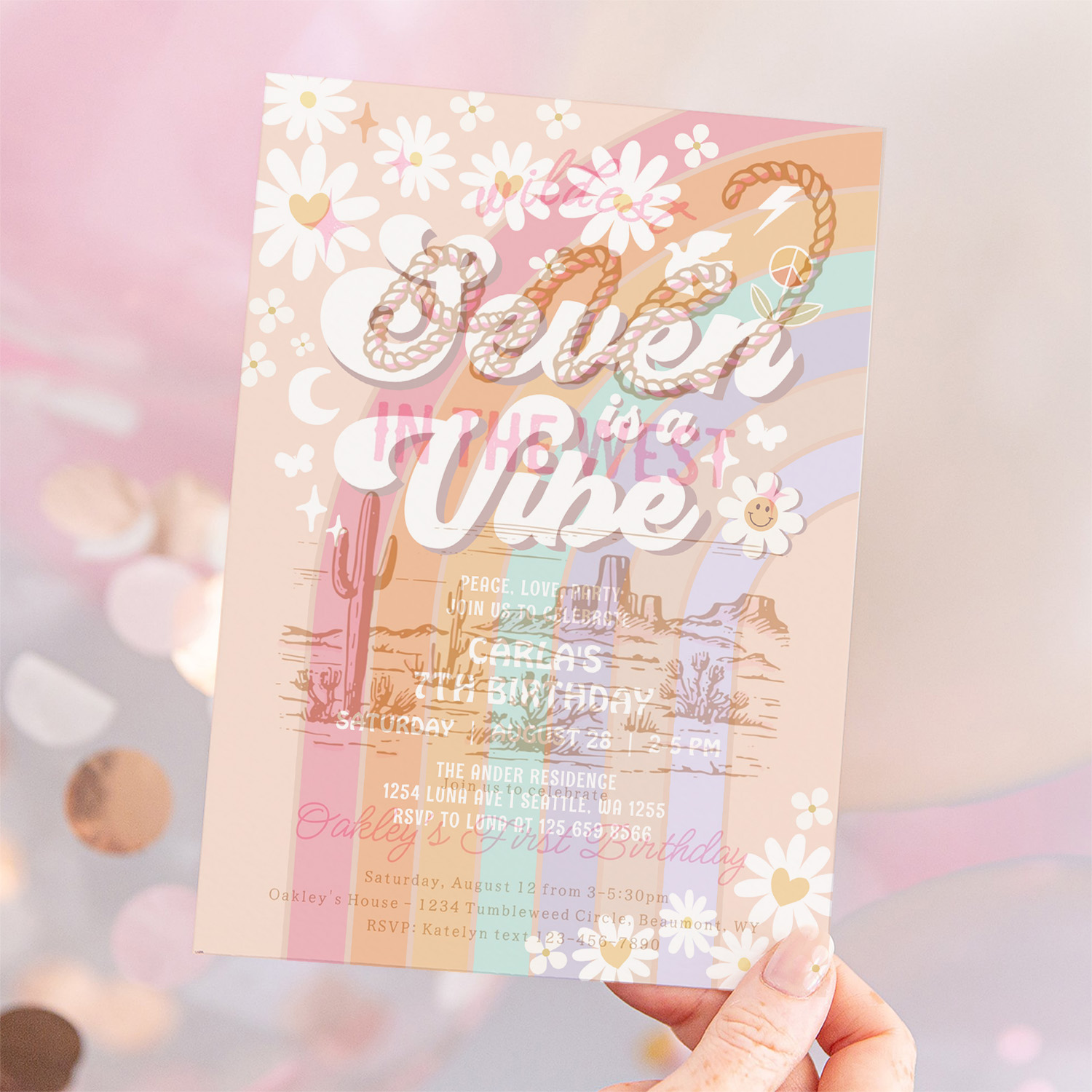 Seven Is A Vibe Daisy Rainbow Hippie 7th Birthday Invitation - Image 12