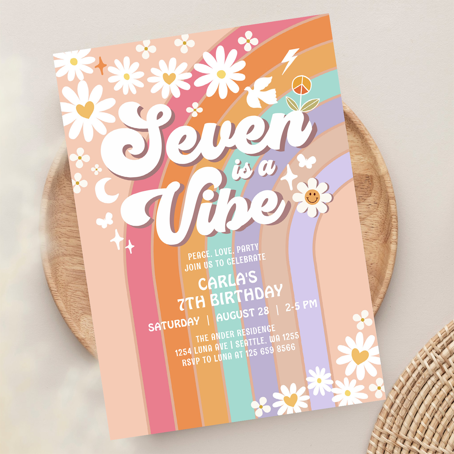 Seven Is A Vibe Daisy Rainbow Hippie 7th Birthday Invitation - Image 13