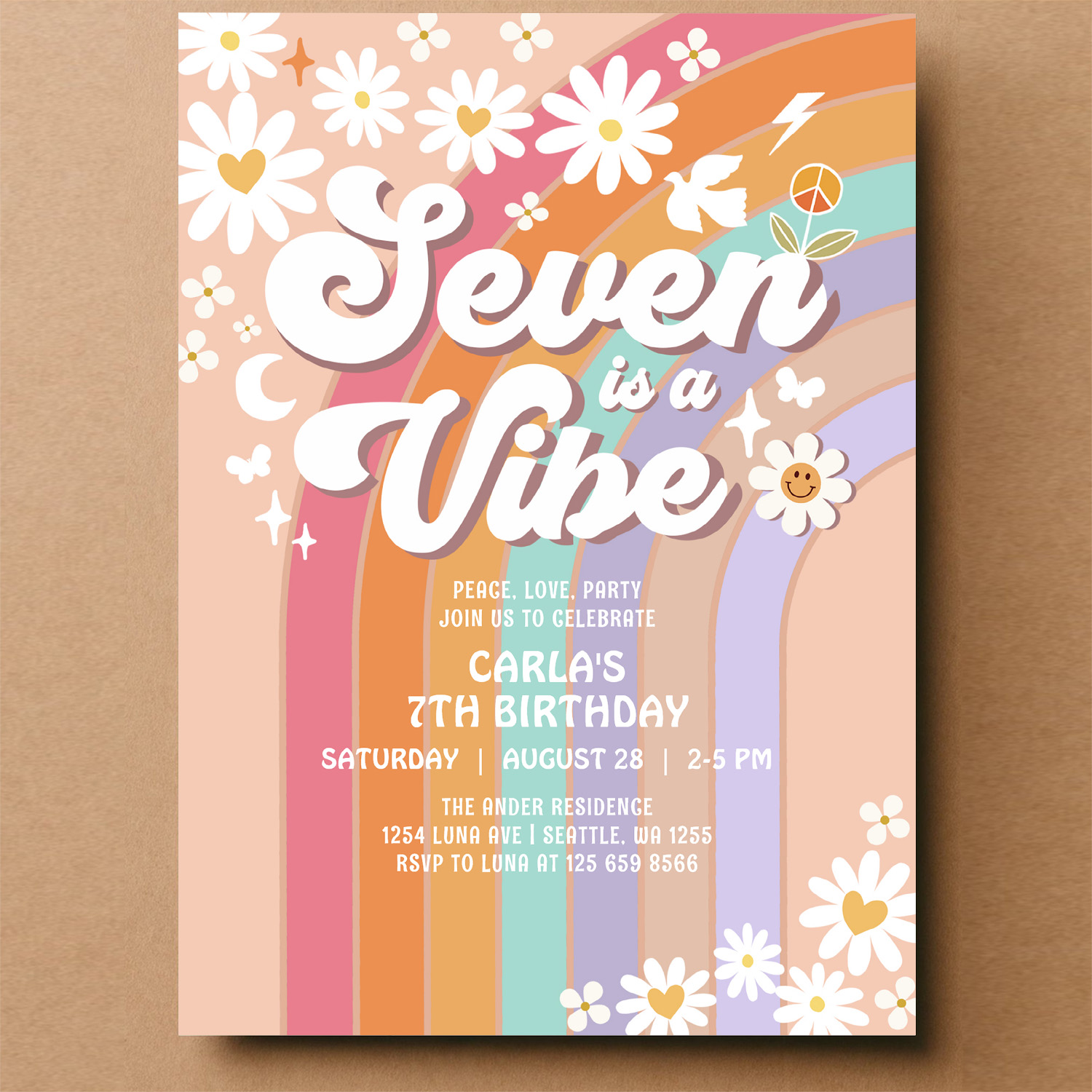 Seven Is A Vibe Daisy Rainbow Hippie 7th Birthday Invitation - Image 14