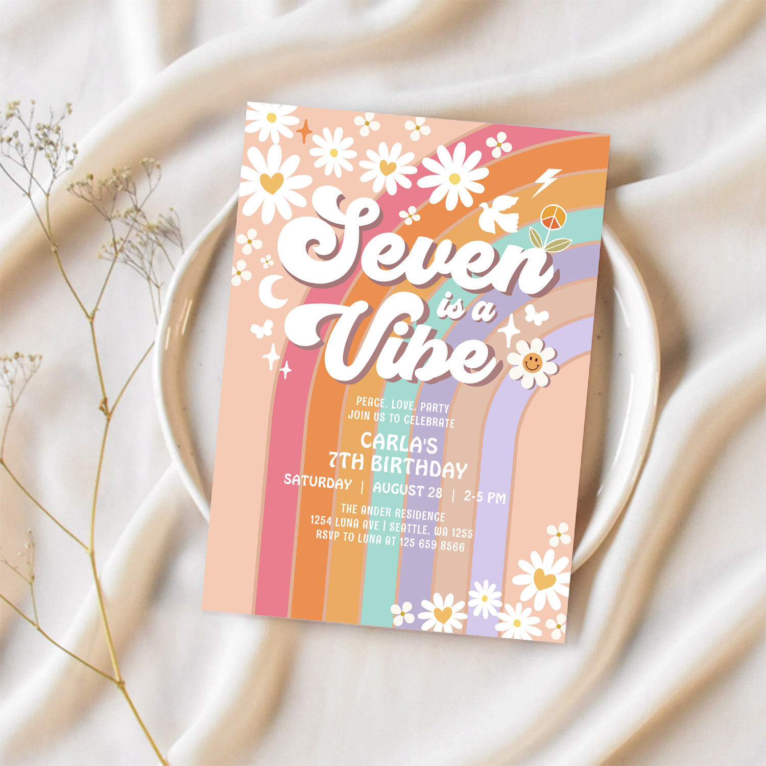 Seven Is A Vibe Daisy Rainbow Hippie 7th Birthday Invitation - Image 2