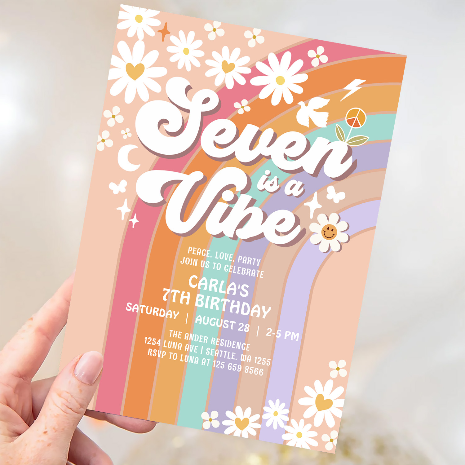 Seven Is A Vibe Daisy Rainbow Hippie 7th Birthday Invitation - Image 3