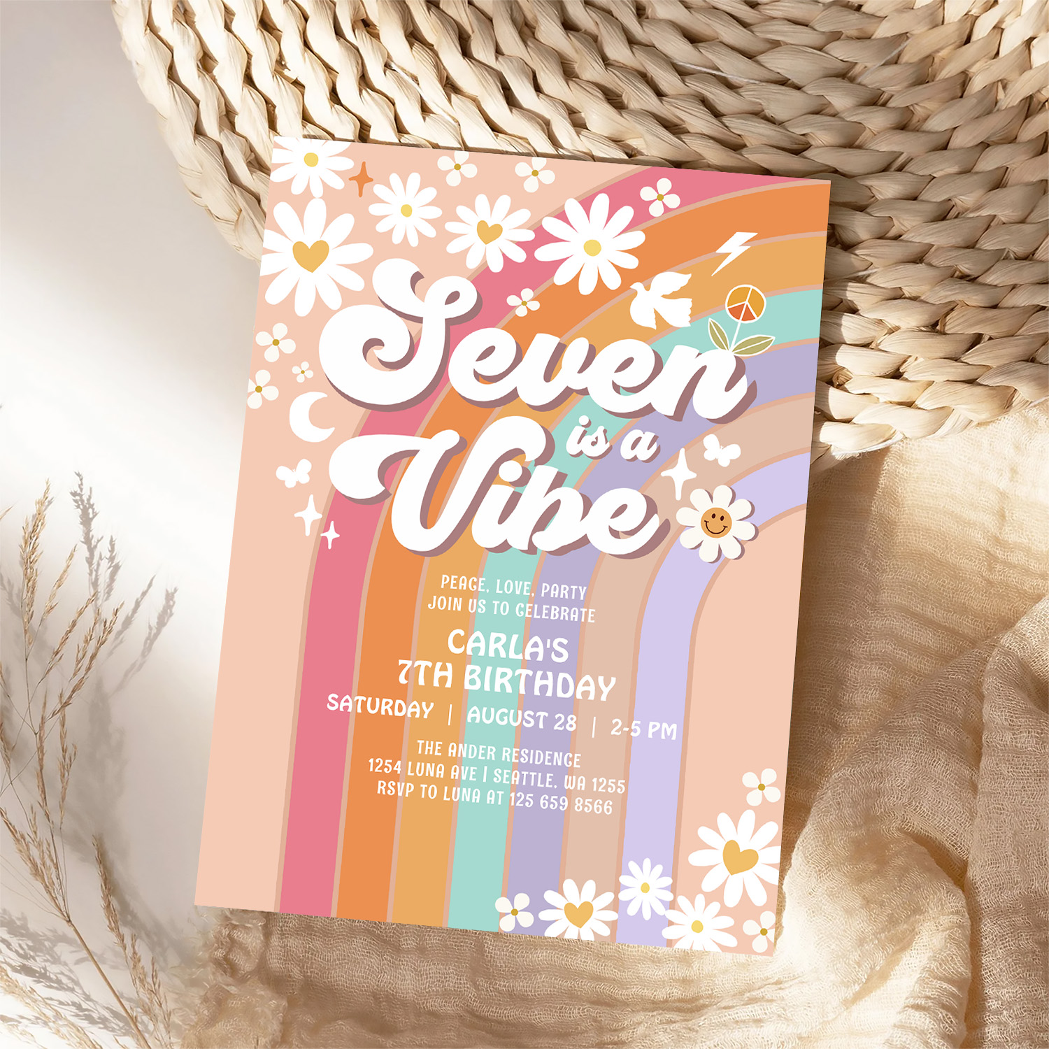 Seven Is A Vibe Daisy Rainbow Hippie 7th Birthday Invitation - Image 4