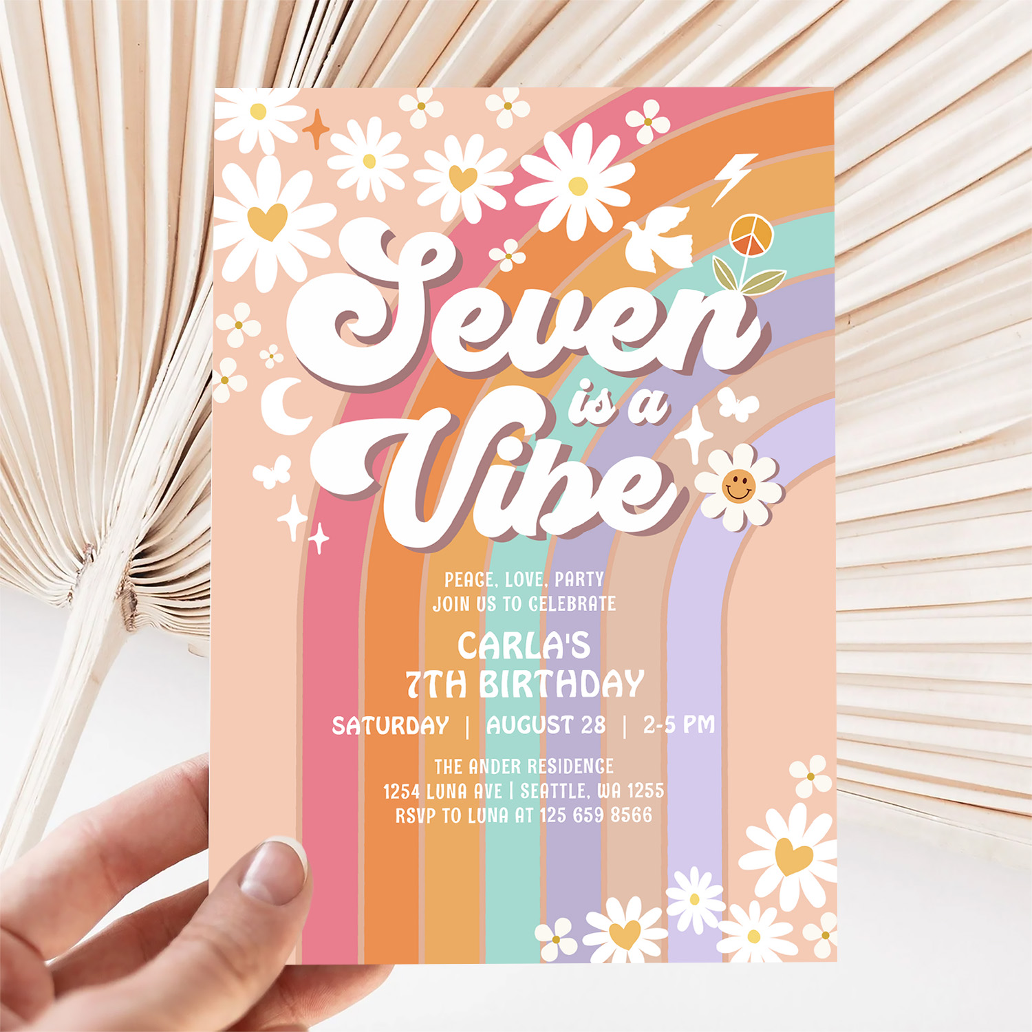 Seven Is A Vibe Daisy Rainbow Hippie 7th Birthday Invitation - Image 5