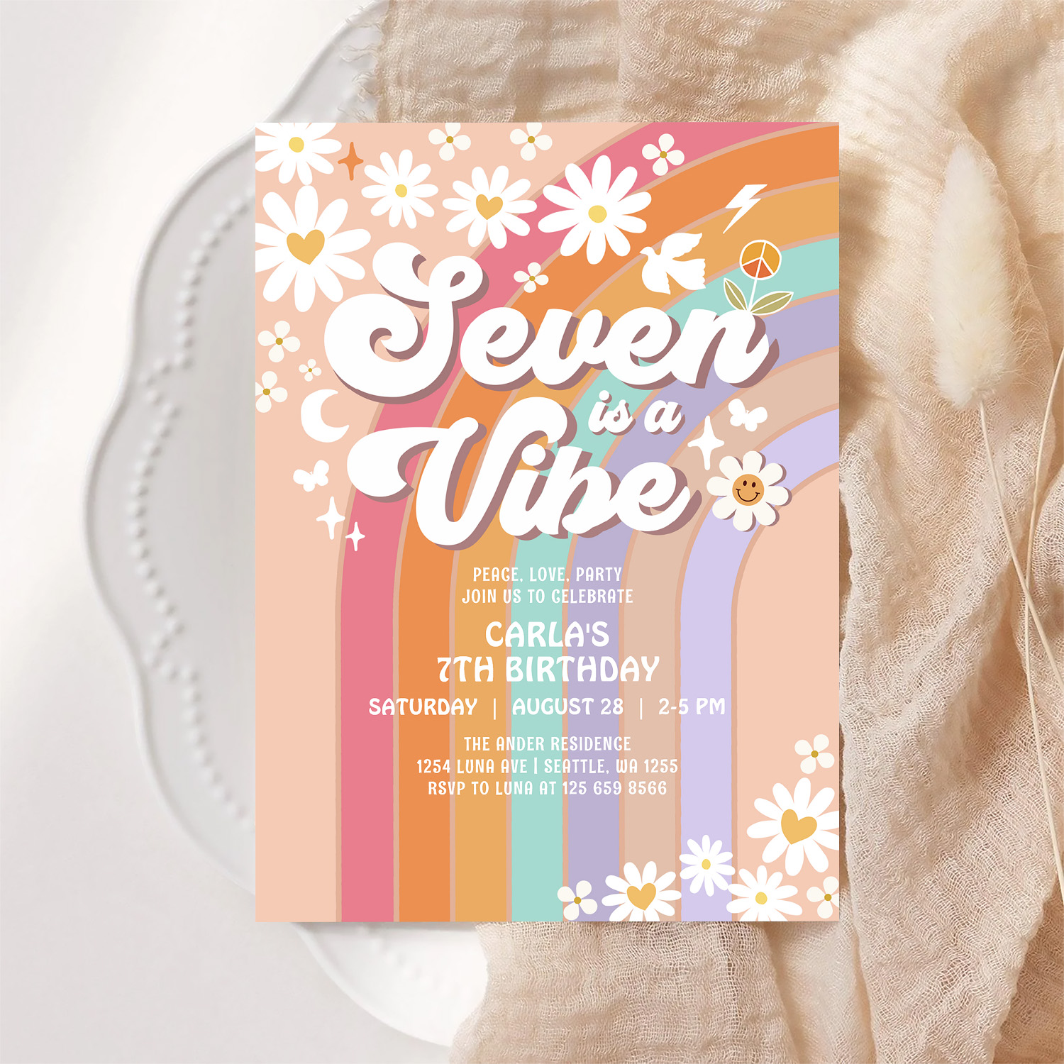 Seven Is A Vibe Daisy Rainbow Hippie 7th Birthday Invitation - Image 6