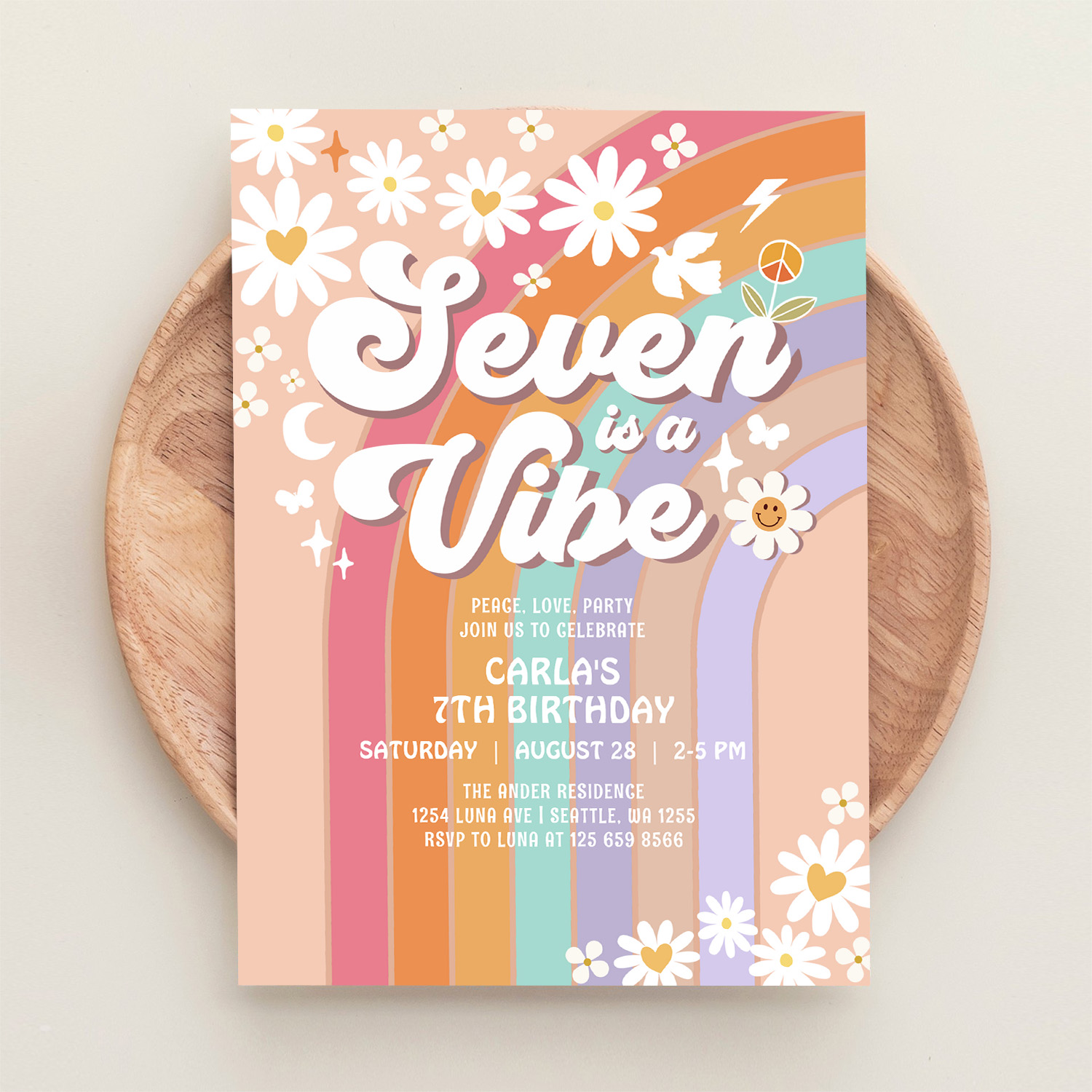 Seven Is A Vibe Daisy Rainbow Hippie 7th Birthday Invitation - Image 7