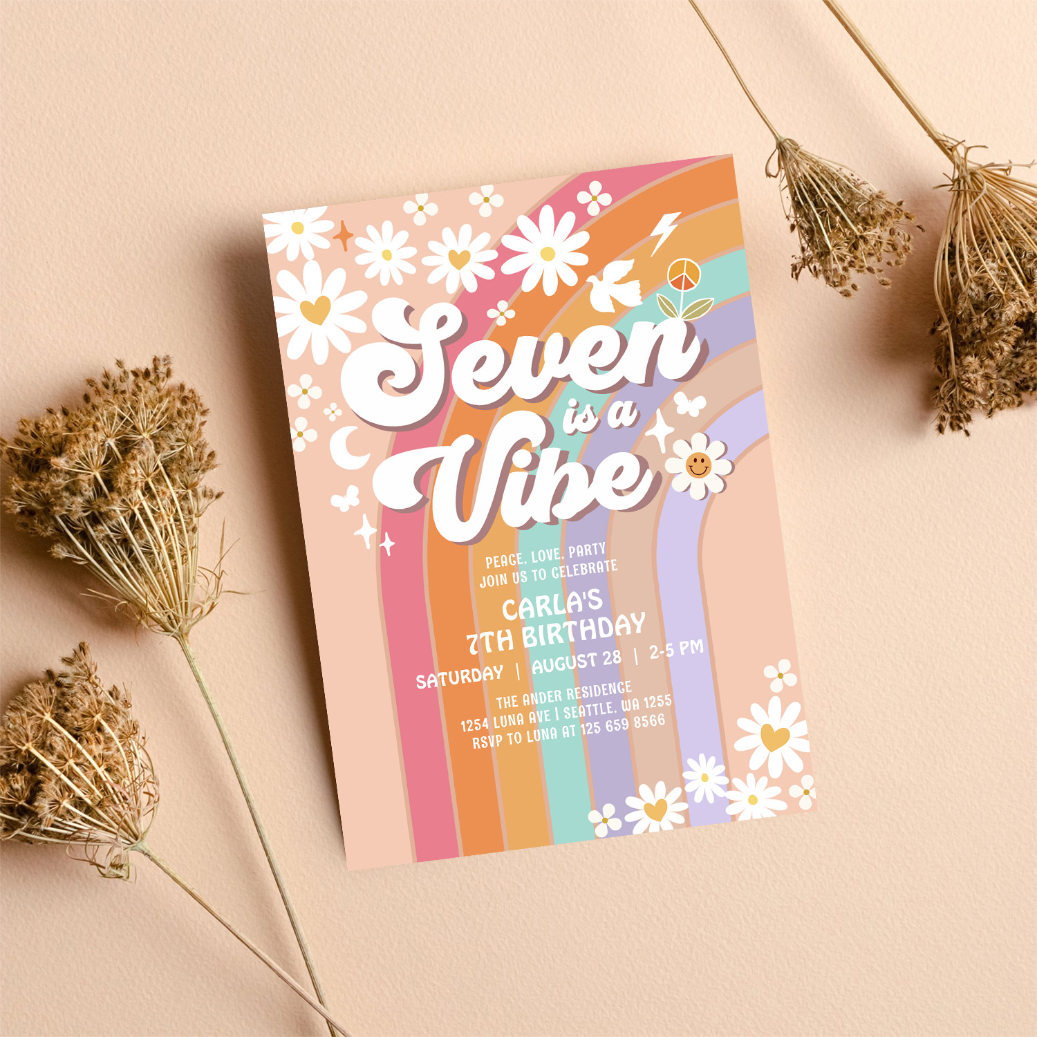 Seven Is A Vibe Daisy Rainbow Hippie 7th Birthday Invitation - Image 8