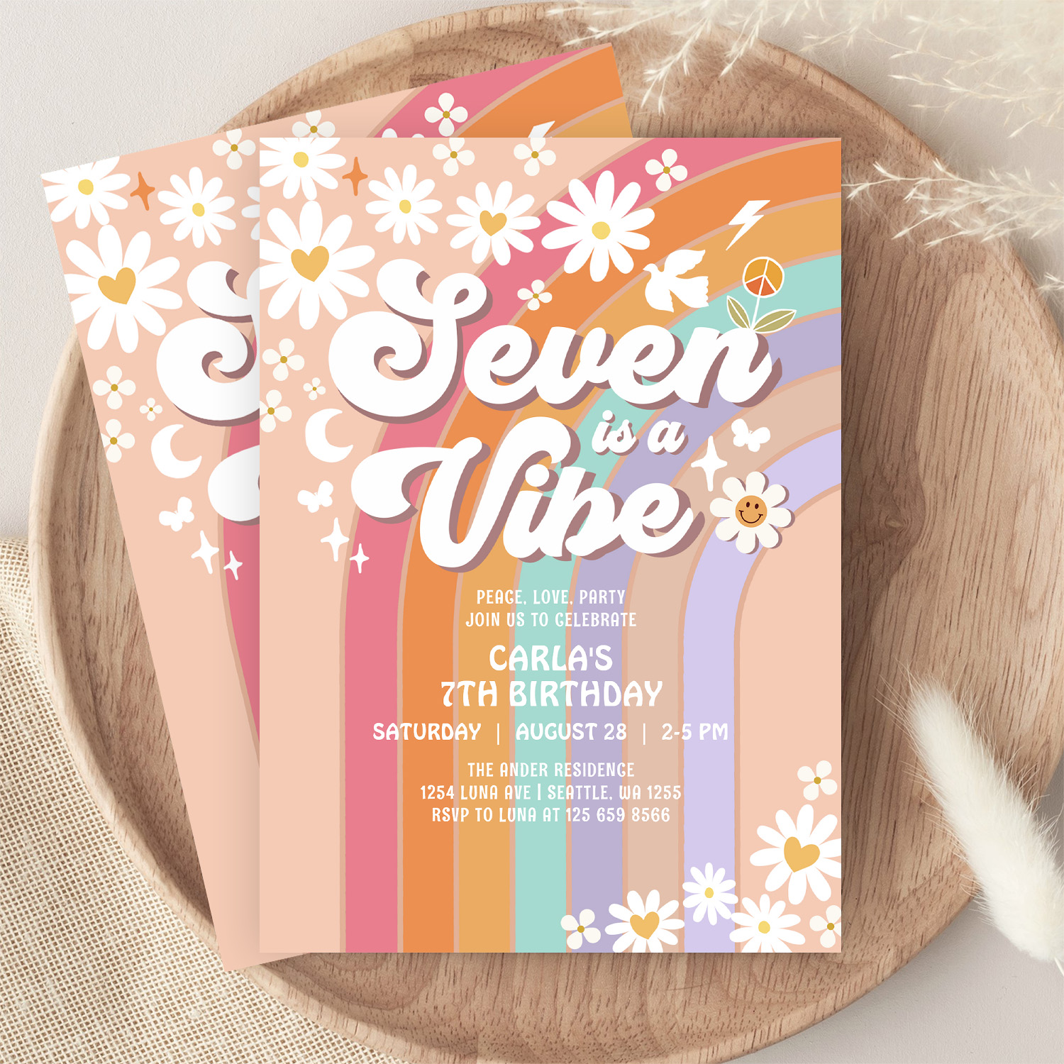 Seven Is A Vibe Daisy Rainbow Hippie 7th Birthday Invitation - Image 9