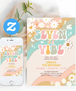 Seven Is A Vibe Groovy Retro 7th Birthday Invitation
