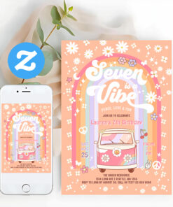 Seven Is A Vibe Groovy Van Hippie 7th Birthday Invitation