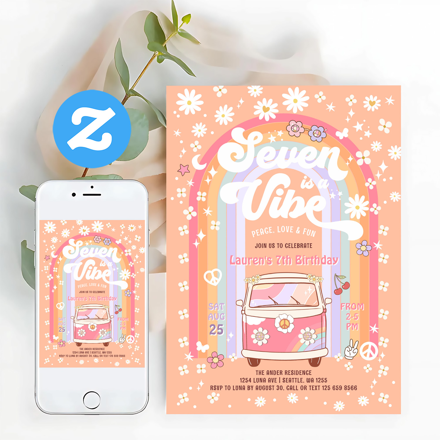 Seven Is A Vibe Groovy Van Hippie 7th Birthday Invitation