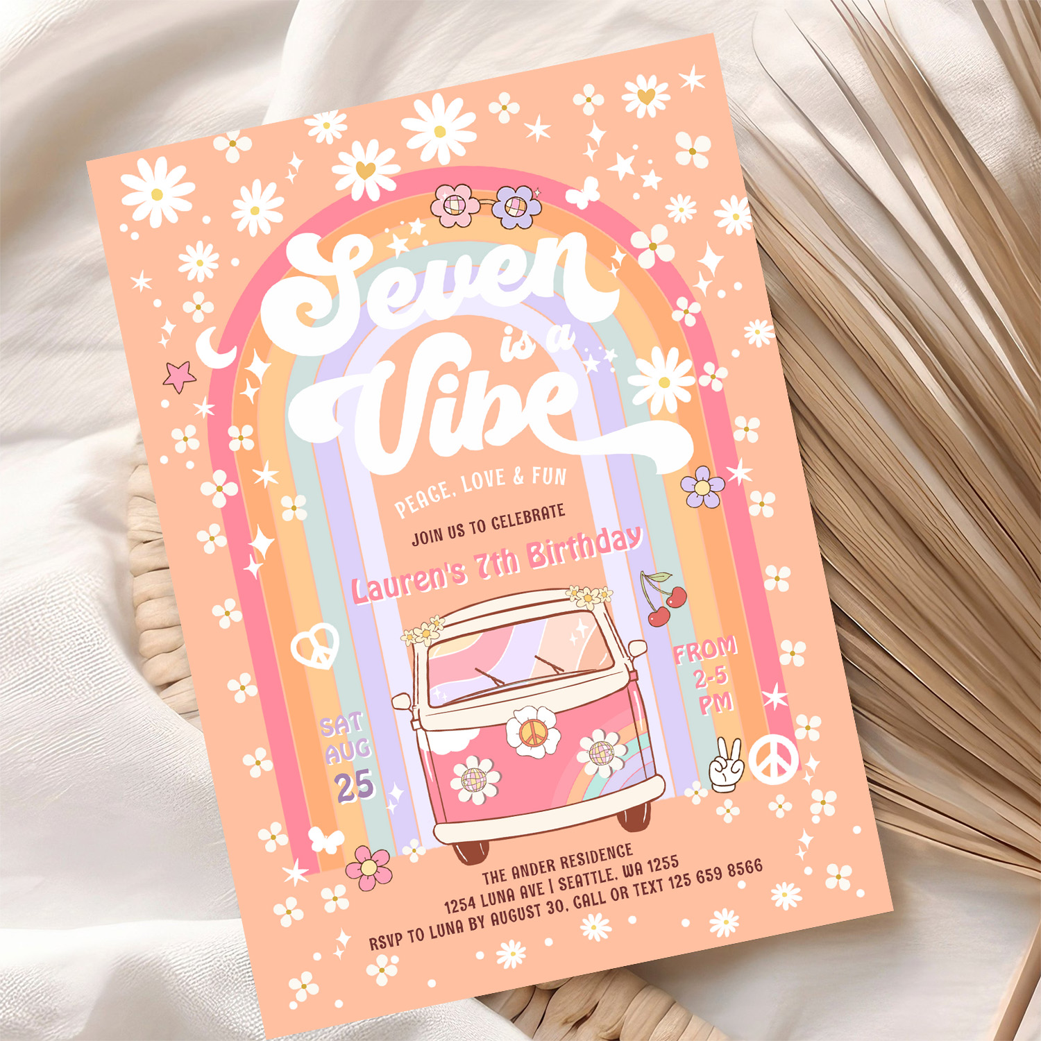 Seven Is A Vibe Groovy Van Hippie 7th Birthday Invitation - Image 10