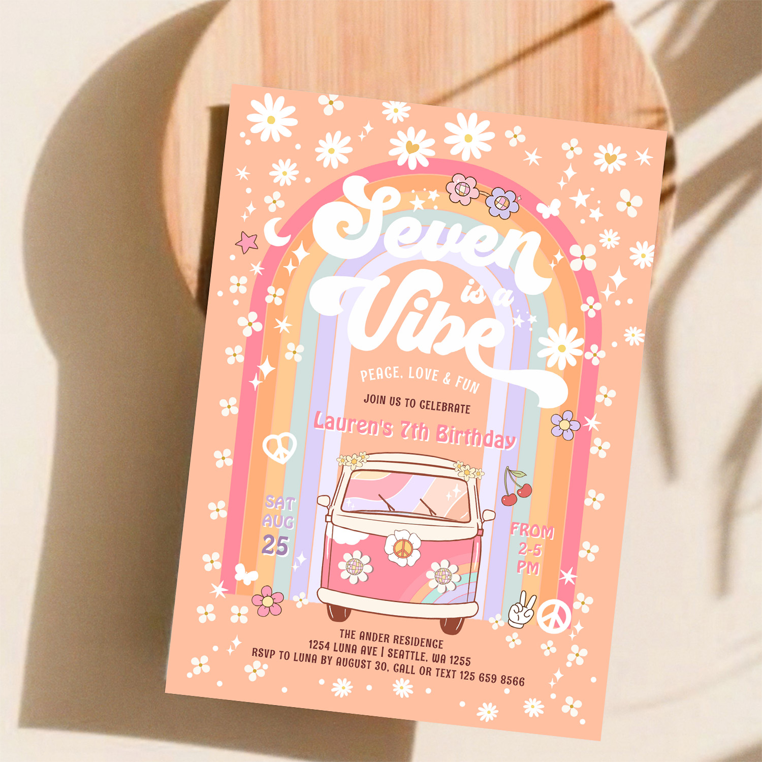 Seven Is A Vibe Groovy Van Hippie 7th Birthday Invitation - Image 11