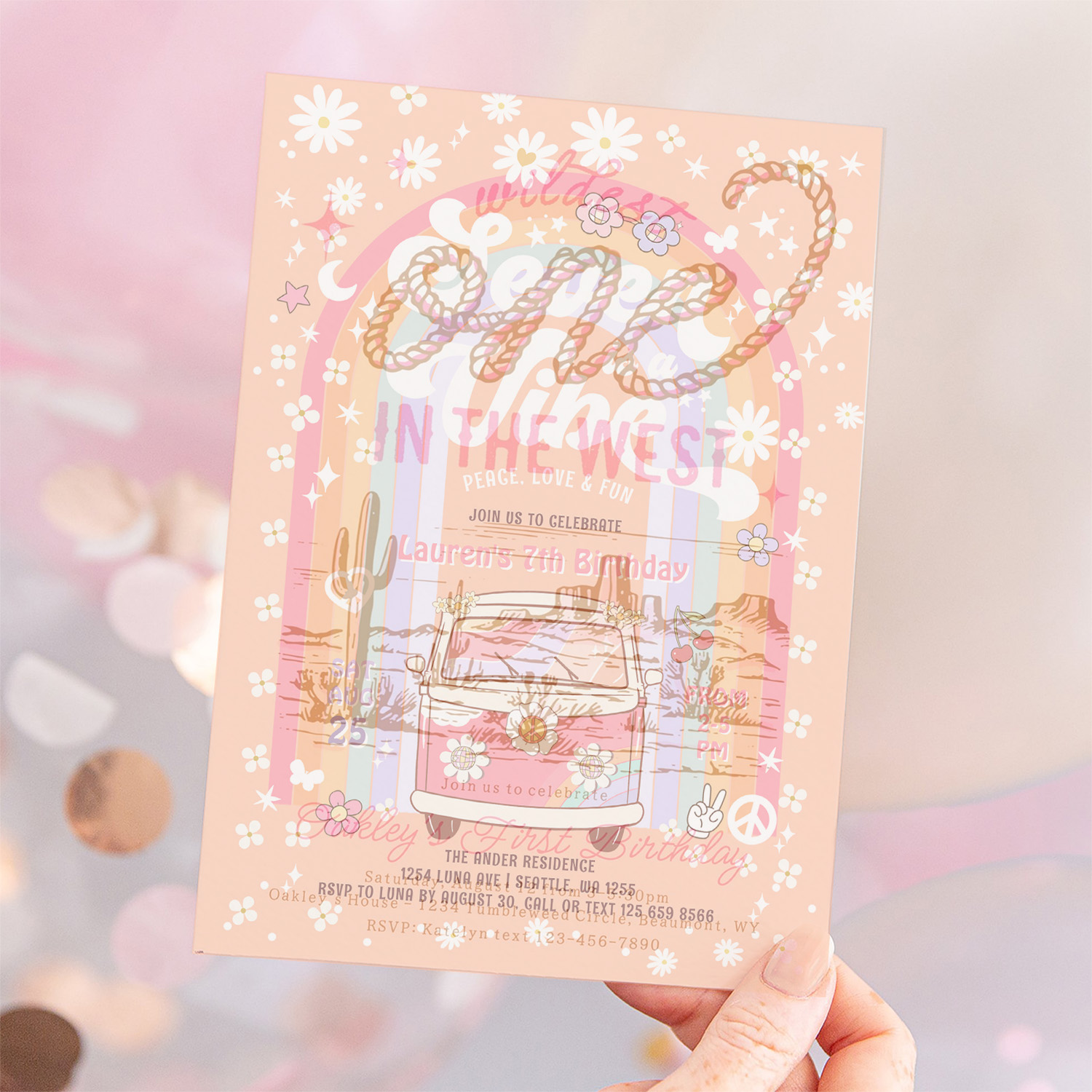 Seven Is A Vibe Groovy Van Hippie 7th Birthday Invitation - Image 12