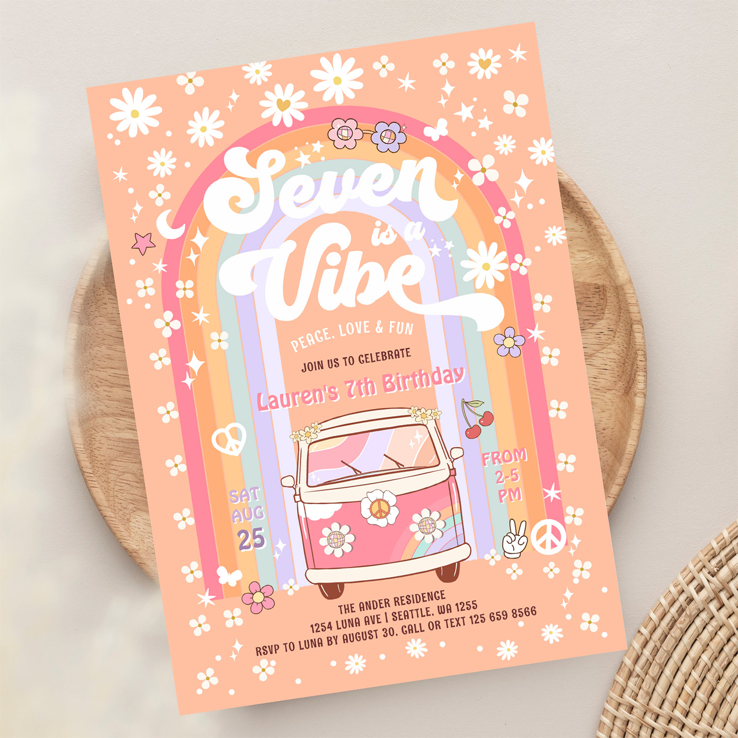 Seven Is A Vibe Groovy Van Hippie 7th Birthday Invitation - Image 13