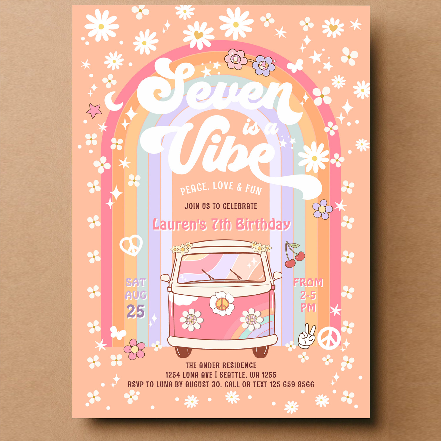 Seven Is A Vibe Groovy Van Hippie 7th Birthday Invitation - Image 14