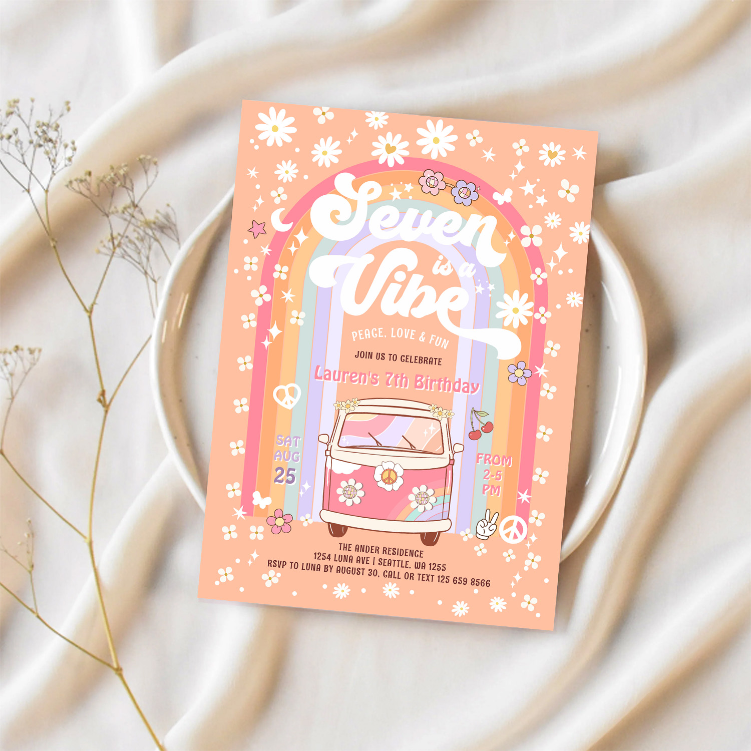 Seven Is A Vibe Groovy Van Hippie 7th Birthday Invitation - Image 2