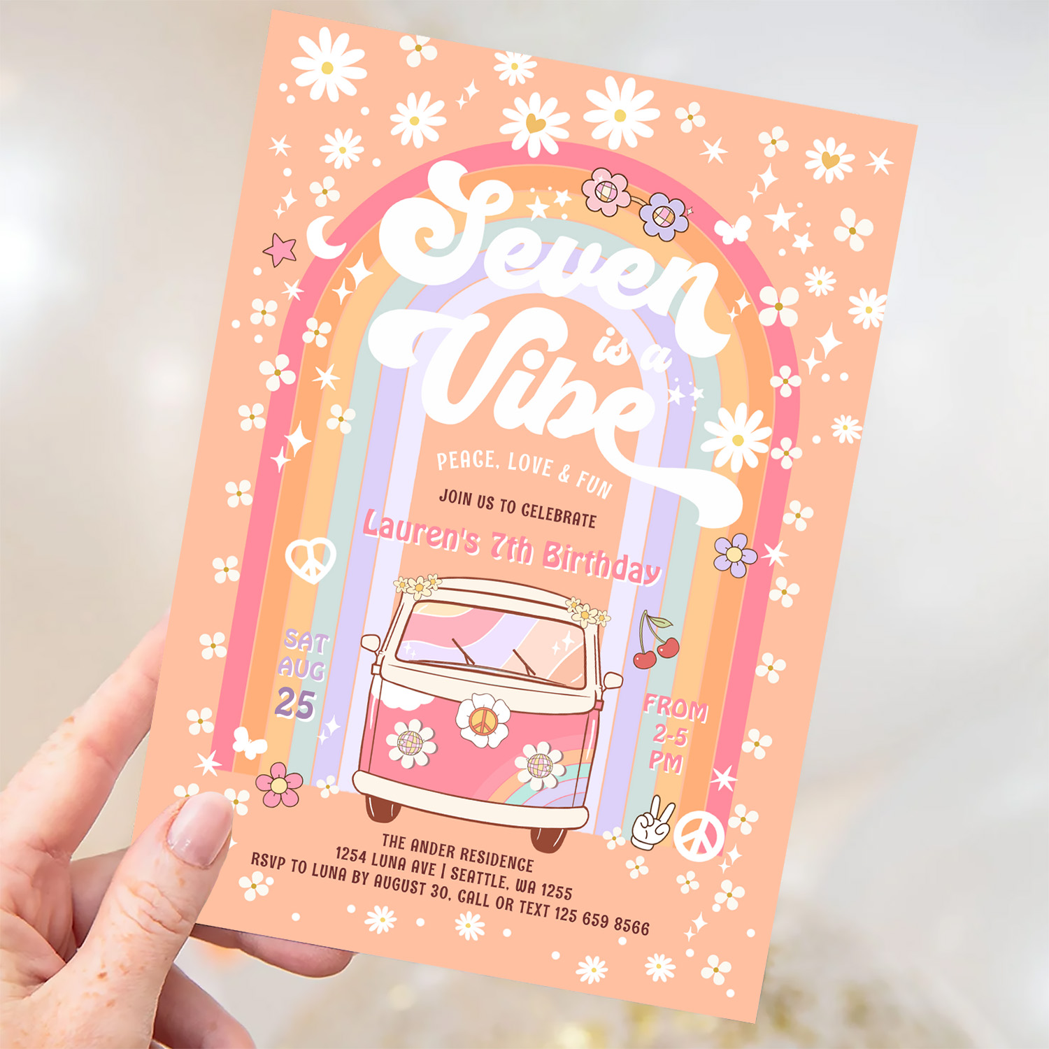 Seven Is A Vibe Groovy Van Hippie 7th Birthday Invitation - Image 3