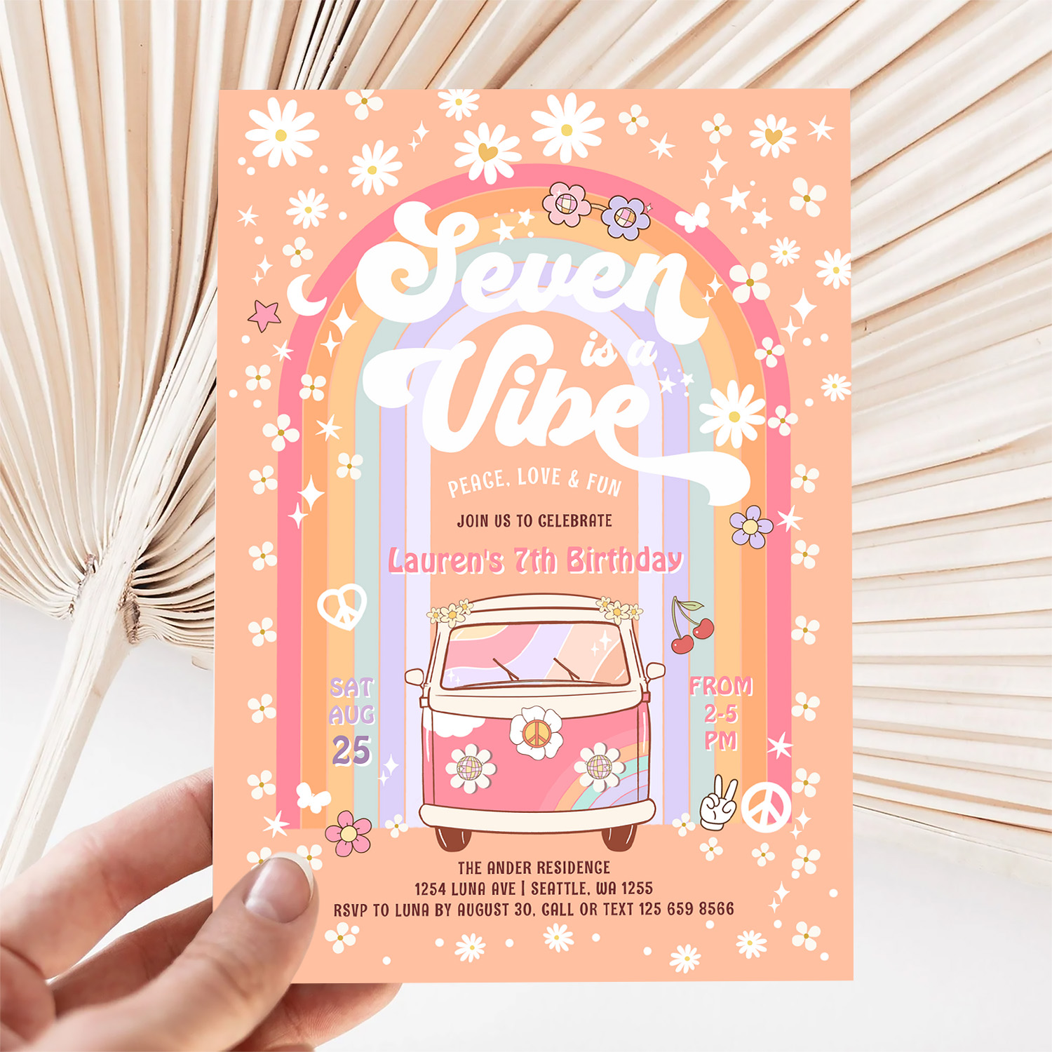 Seven Is A Vibe Groovy Van Hippie 7th Birthday Invitation - Image 5
