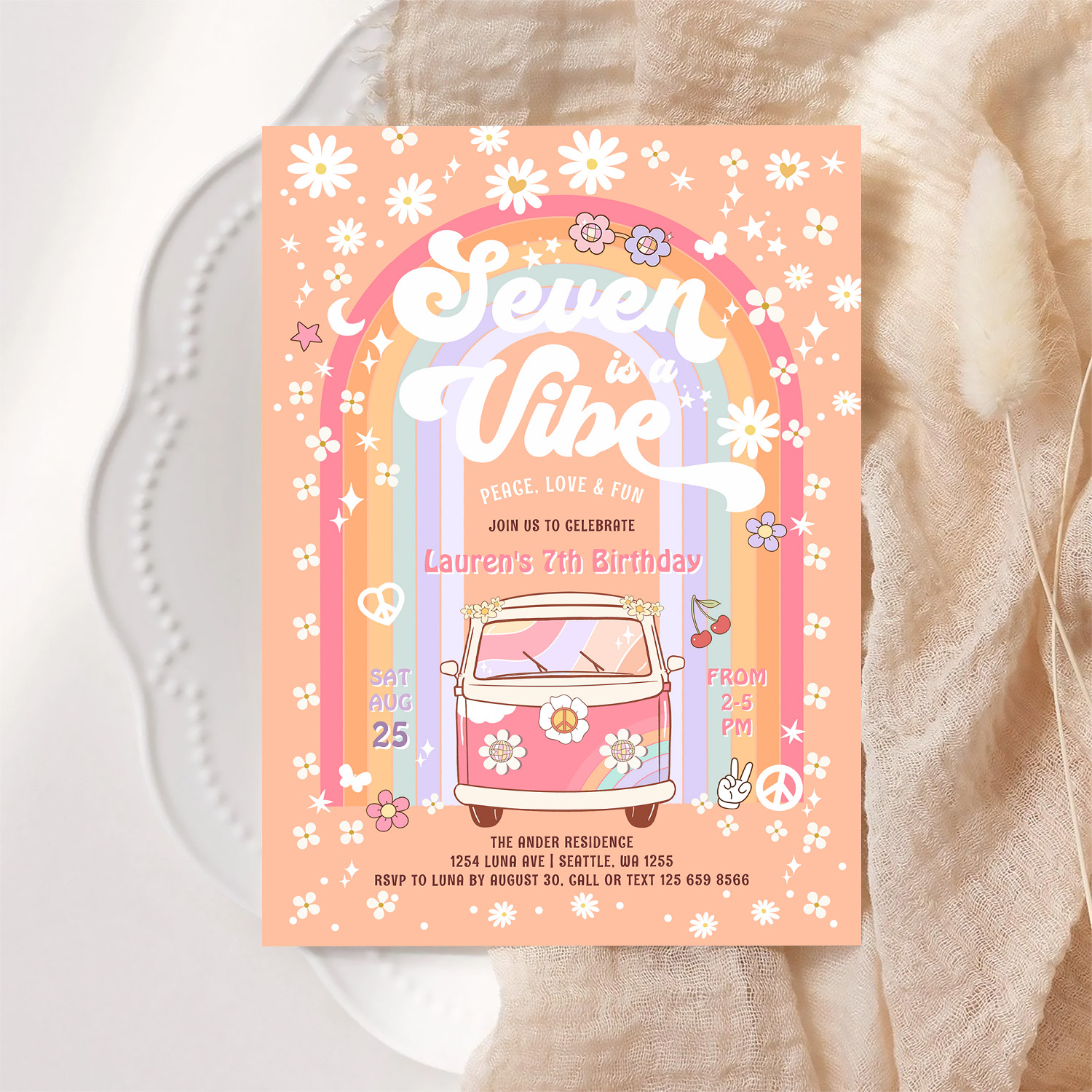 Seven Is A Vibe Groovy Van Hippie 7th Birthday Invitation - Image 6