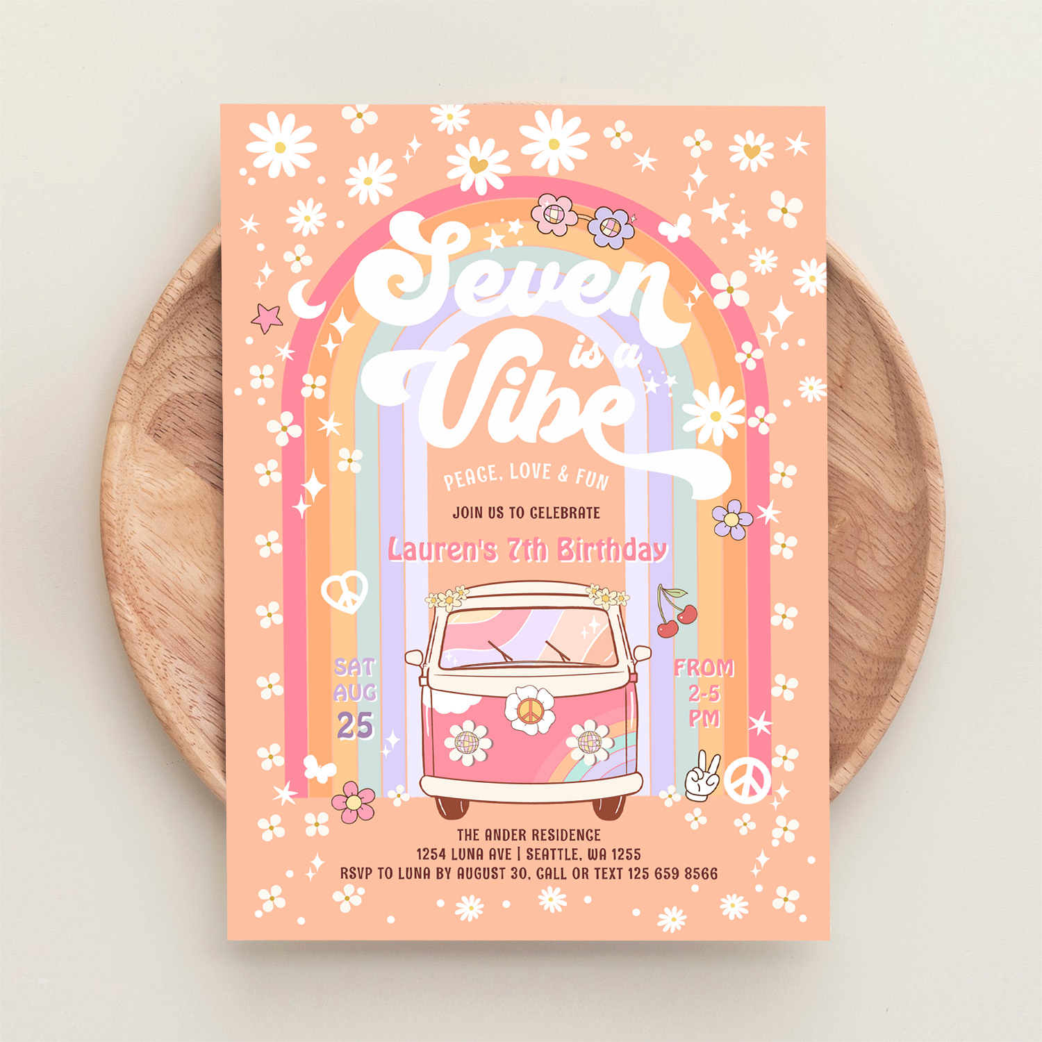 Seven Is A Vibe Groovy Van Hippie 7th Birthday Invitation - Image 7