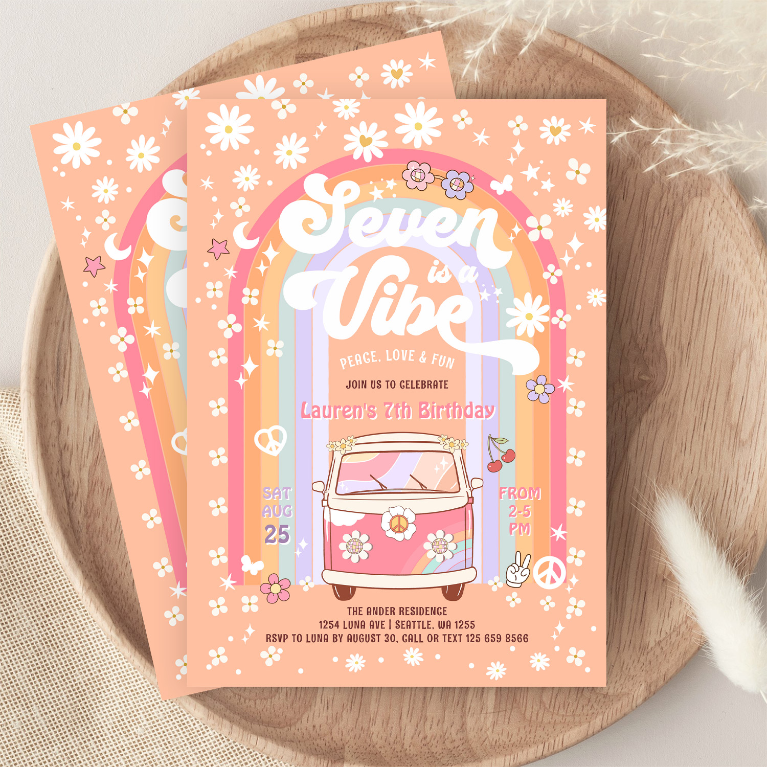Seven Is A Vibe Groovy Van Hippie 7th Birthday Invitation - Image 9