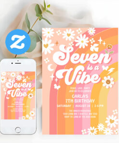 Seven Is A Vibe Pink Peach 7th Groovy Birthday Invitation