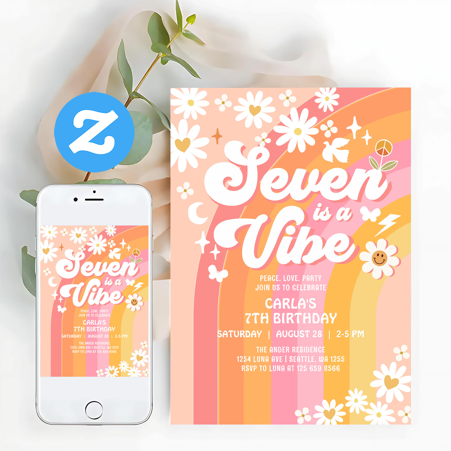 Seven Is A Vibe Pink Peach 7th Groovy Birthday Invitation