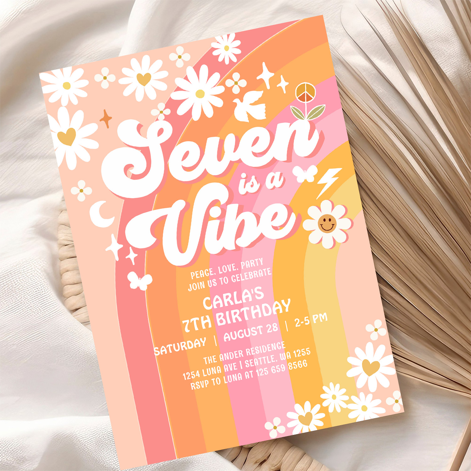 Seven Is A Vibe Pink Peach 7th Groovy Birthday Invitation - Image 10