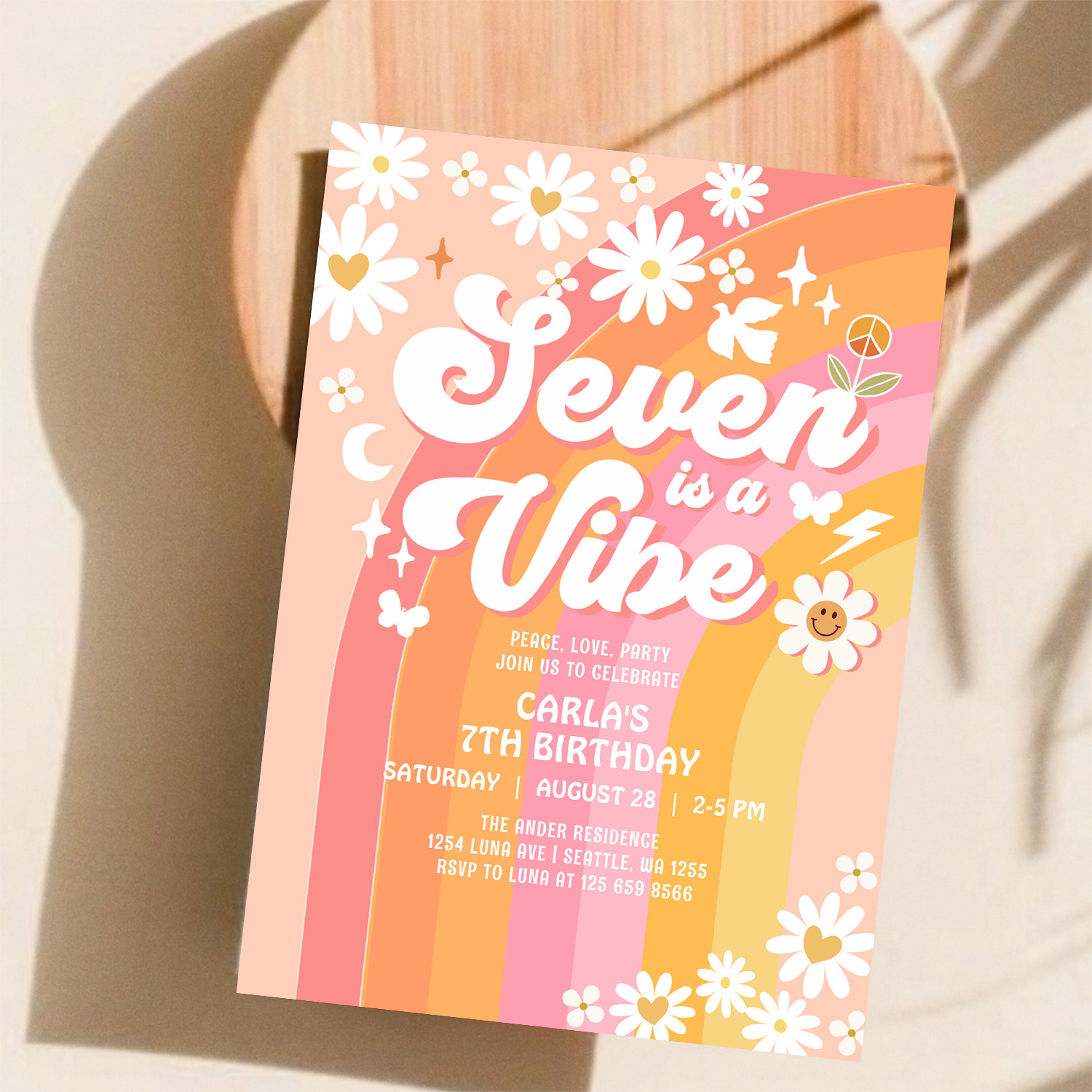 Seven Is A Vibe Pink Peach 7th Groovy Birthday Invitation - Image 11