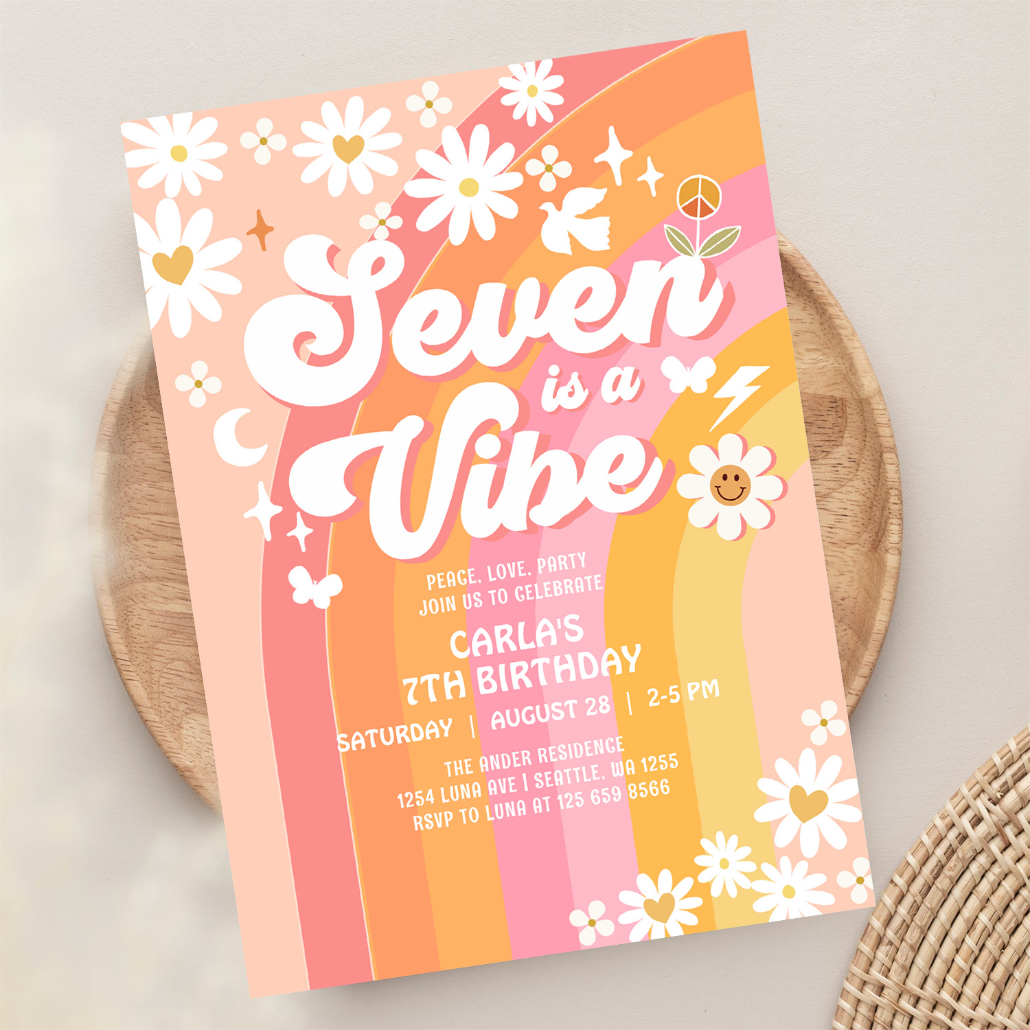Seven Is A Vibe Pink Peach 7th Groovy Birthday Invitation - Image 13