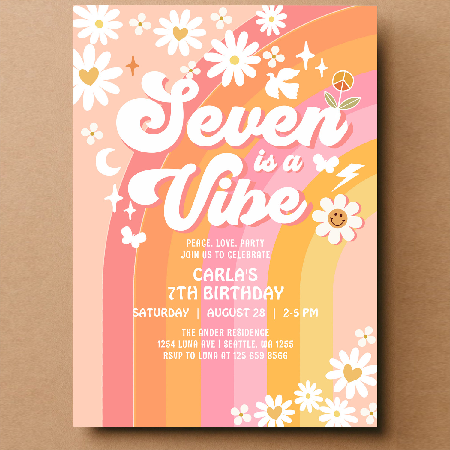 Seven Is A Vibe Pink Peach 7th Groovy Birthday Invitation - Image 14