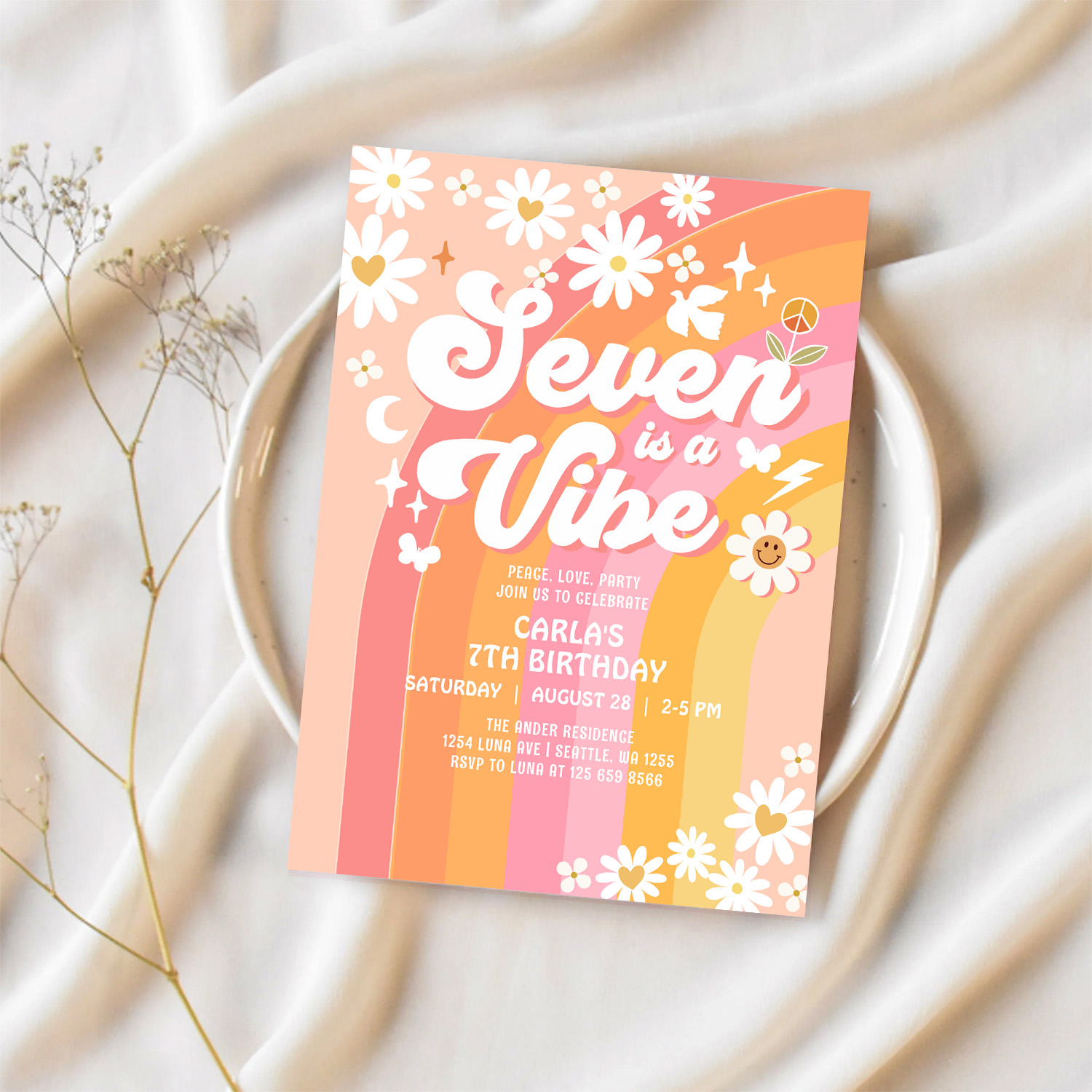 Seven Is A Vibe Pink Peach 7th Groovy Birthday Invitation - Image 2