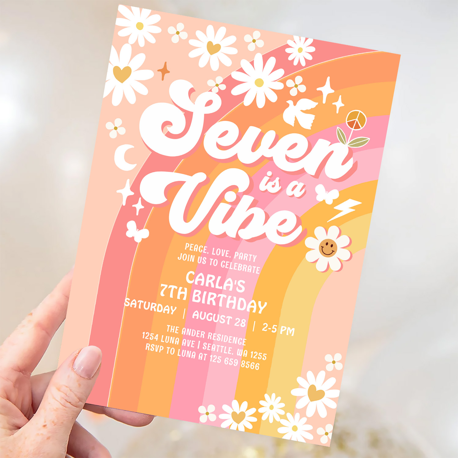 Seven Is A Vibe Pink Peach 7th Groovy Birthday Invitation - Image 3