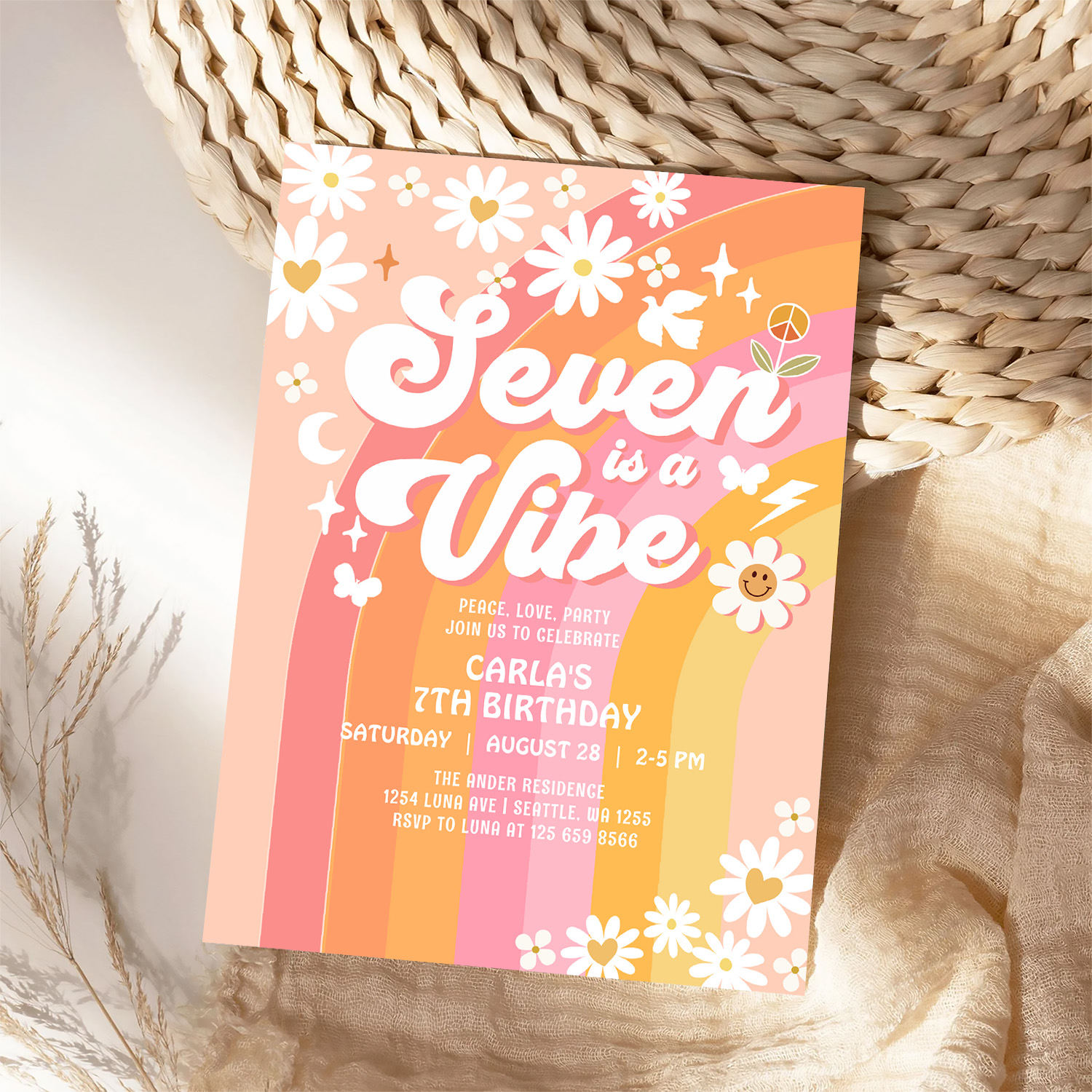Seven Is A Vibe Pink Peach 7th Groovy Birthday Invitation - Image 4
