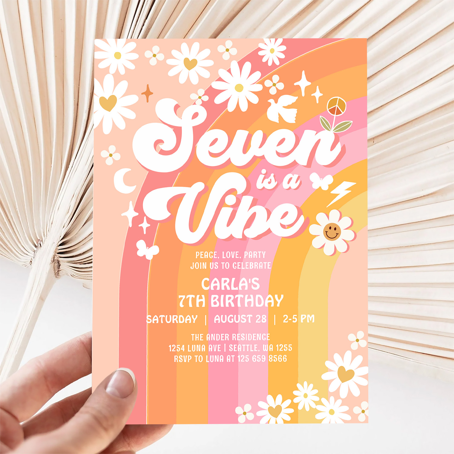 Seven Is A Vibe Pink Peach 7th Groovy Birthday Invitation - Image 5