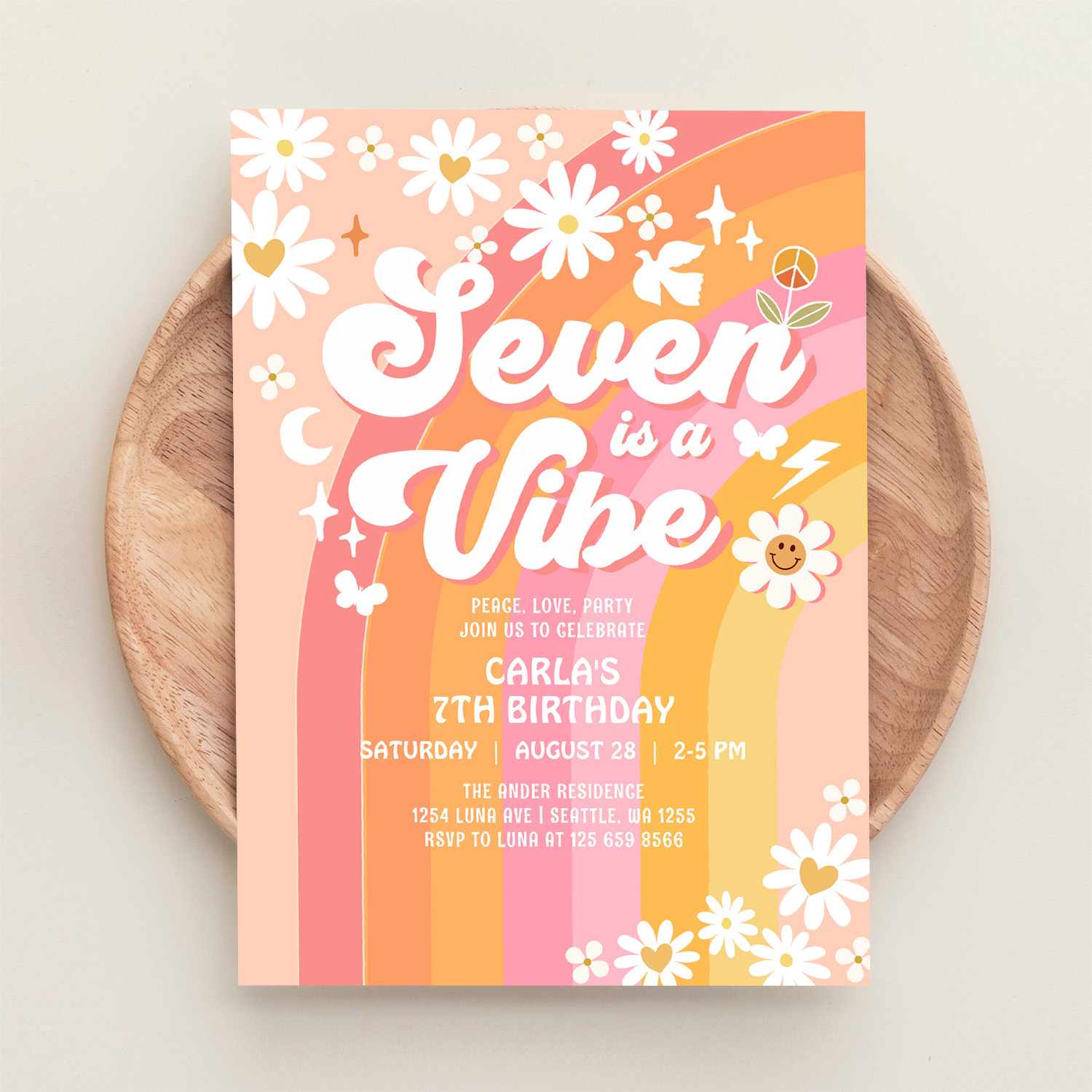Seven Is A Vibe Pink Peach 7th Groovy Birthday Invitation - Image 7