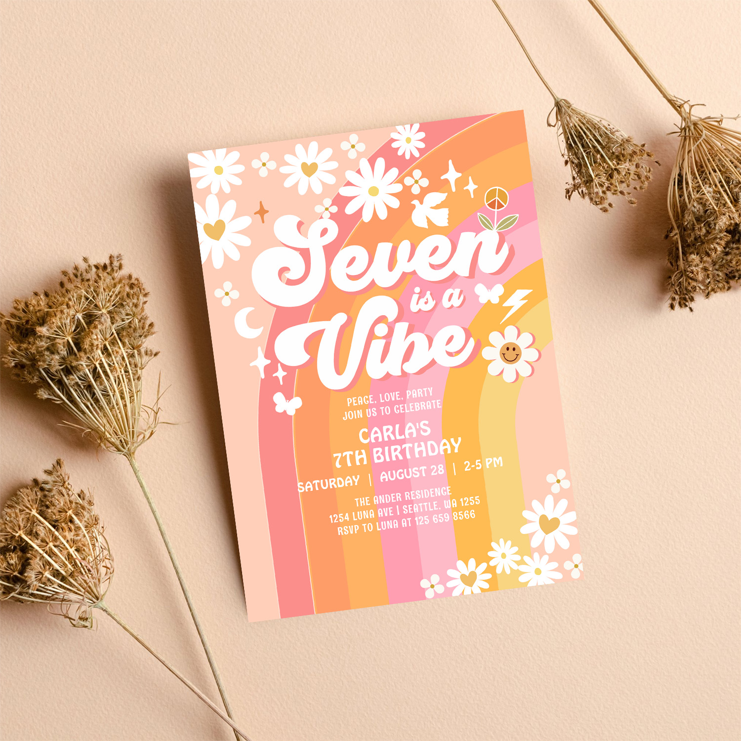 Seven Is A Vibe Pink Peach 7th Groovy Birthday Invitation - Image 8