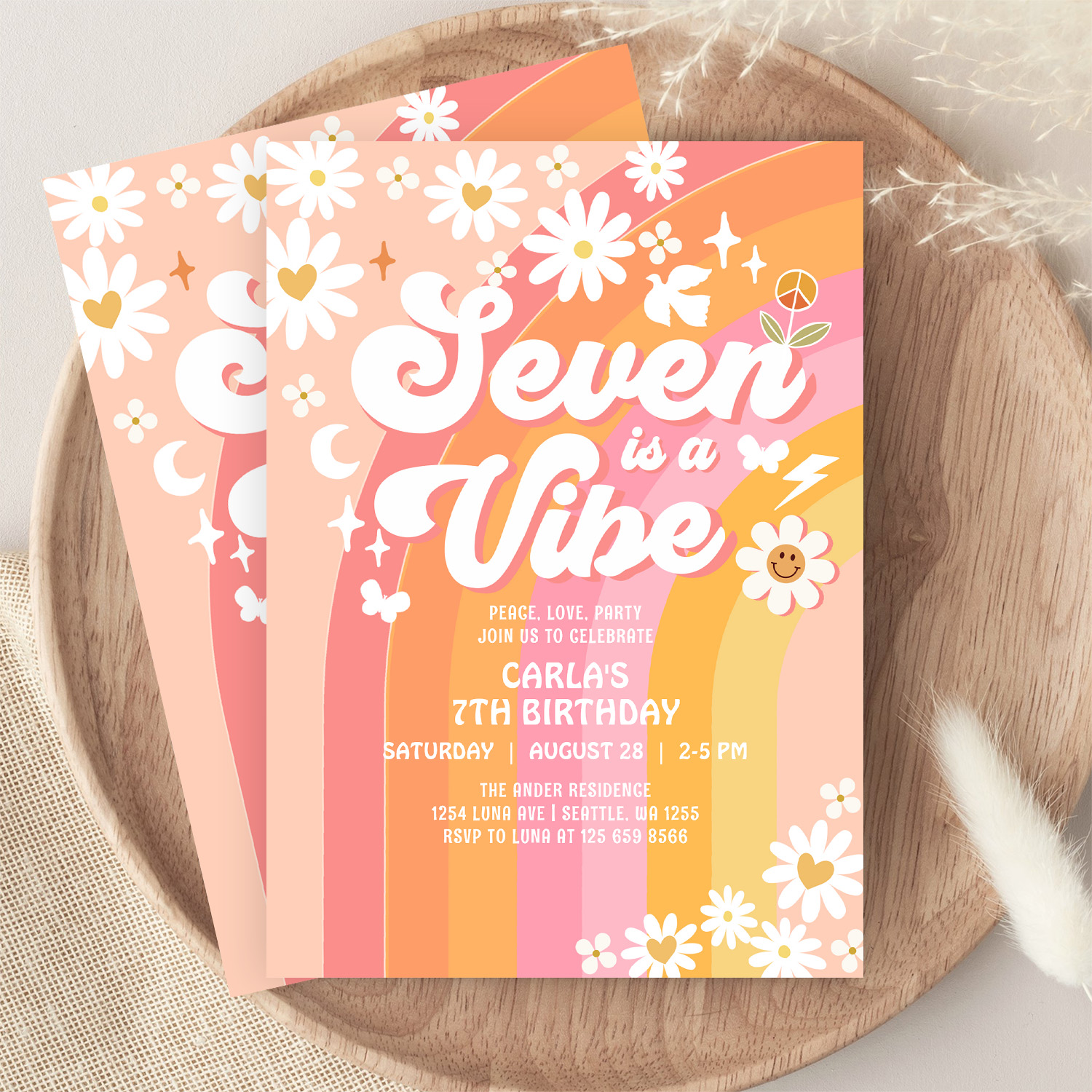 Seven Is A Vibe Pink Peach 7th Groovy Birthday Invitation - Image 9