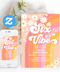 Six Is A Vibe Daisy 6th Groovy Birthday Invitation