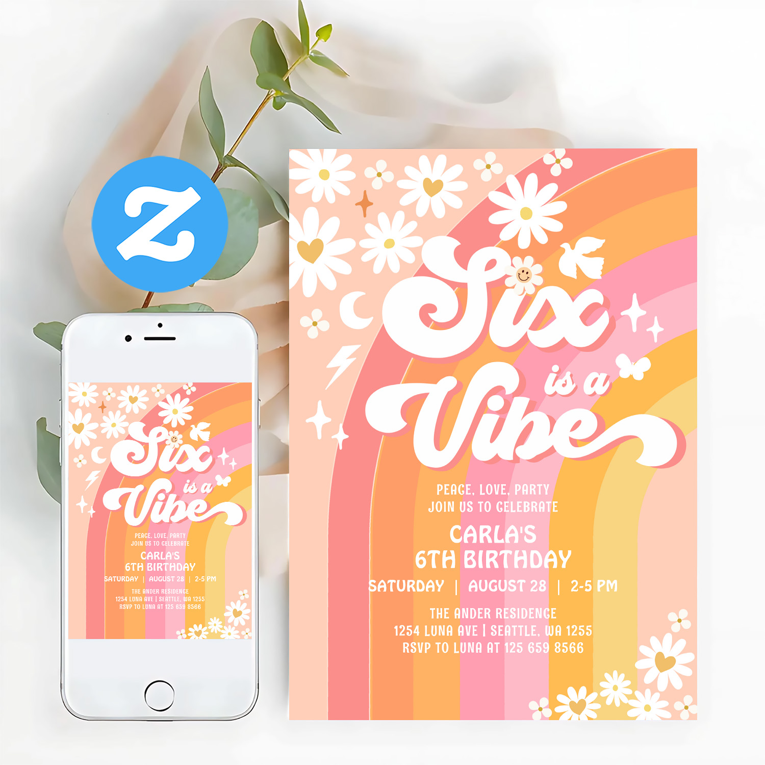 Six Is A Vibe Daisy 6th Groovy Birthday Invitation