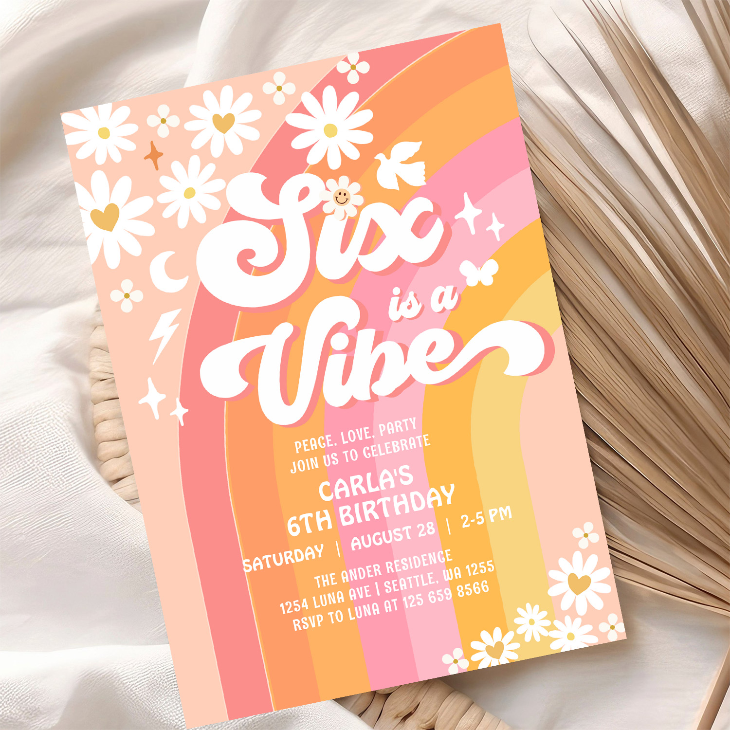 Six Is A Vibe Daisy 6th Groovy Birthday Invitation - Image 10
