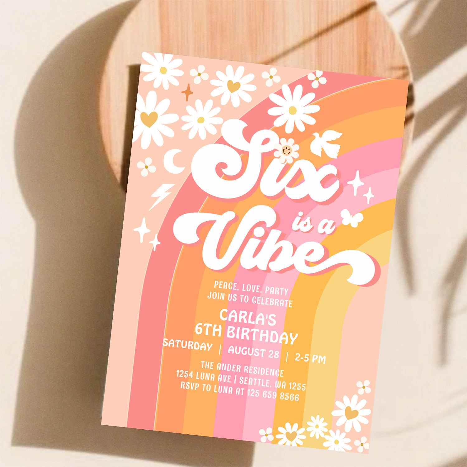 Six Is A Vibe Daisy 6th Groovy Birthday Invitation - Image 11