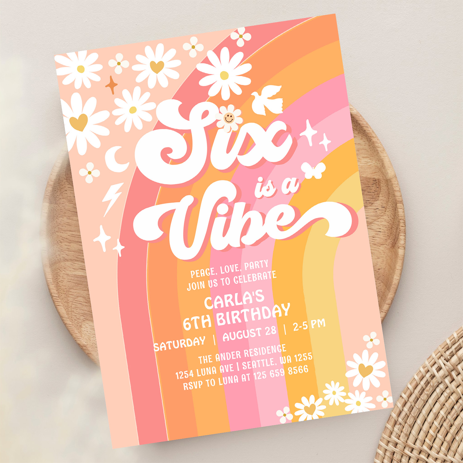 Six Is A Vibe Daisy 6th Groovy Birthday Invitation - Image 13